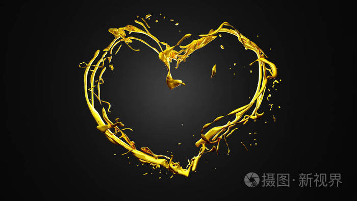 金子般的心从黑色的背景上,熔化的黄金.飞溅