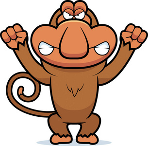 生气的卡通长鼻狒狒雄性猴子一群长鼻猴狒狒雄性猴子女的长鼻猴与幼崽