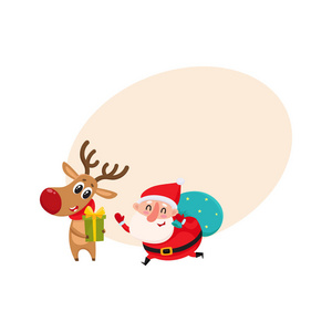 有趣的圣诞老人和驯鹿的红围巾站在一起