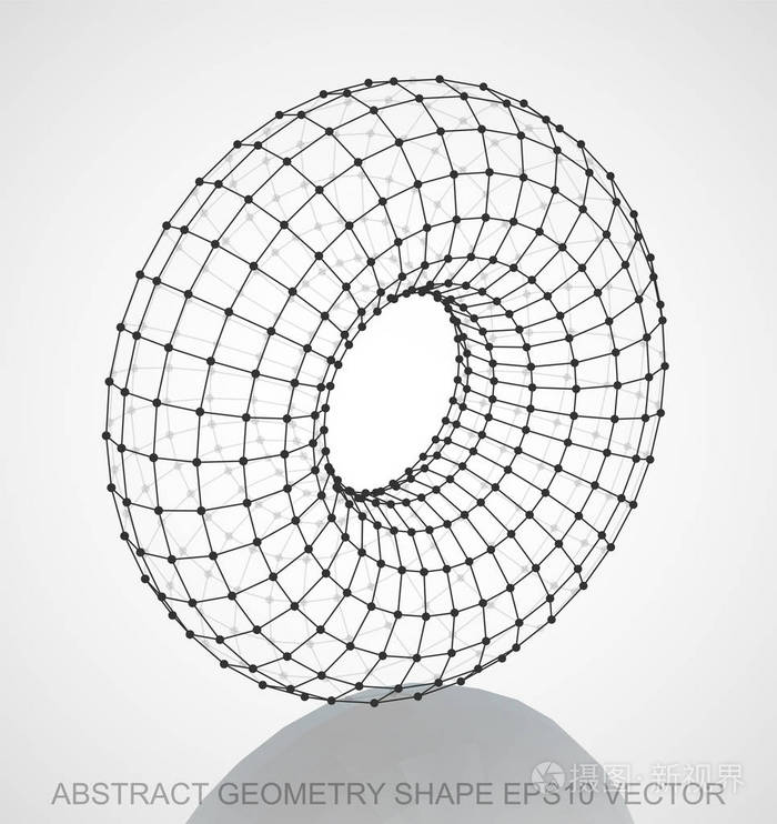 抽象的立体几何形状: 黑色速写环.手绘 3d 多边形圆环.10,eps 矢量