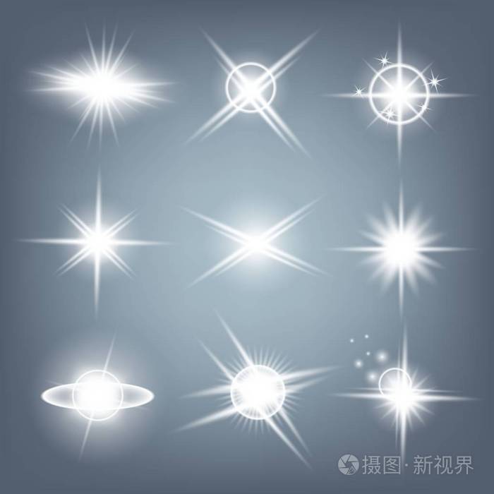 创意概念向量集的发光光效果孤立在黑色背景上闪烁着星星阵阵.