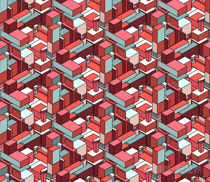 粉红色和蓝色矢量无缝等距块立方城市组成格局
