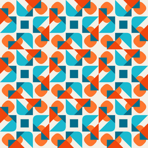 矢量无缝几何圆形的三角形形状方形深青色的橙色图案,白色背景上照片