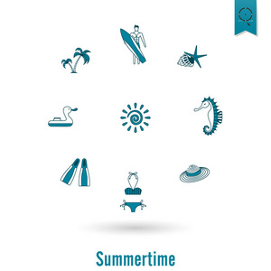 夏天和海滩的简单平面图标