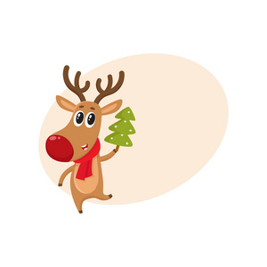 有趣的驯鹿条红色的围巾，拿着一棵圣诞树