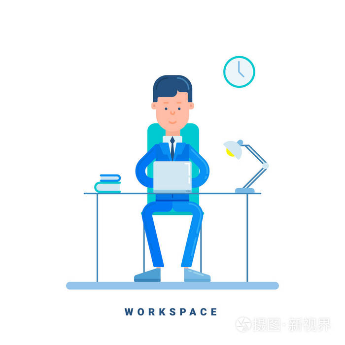 他伏案工作的商人.工作区的经营理念.卡通男性人物.