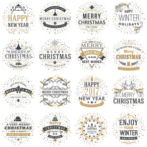 快乐的圣诞节和新年装饰徽章问候一套卡或邀请。矢量图。排版设计元素。金色和黑色的颜色主题