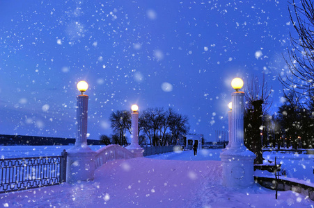 冬季公园的夜景。美丽的冬天景观。冰雪覆盖的湖大堤