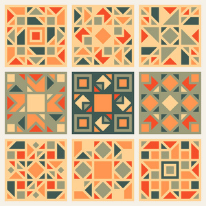 组的九个向量几何方形被子复古图案设计元素在橙色和绿色的颜色