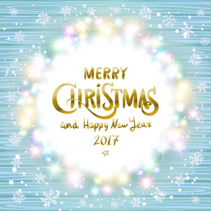 圣诞快乐，快乐新的一年 2017年。由木在蓝色背景上的 led 灯的发光圣诞花环。圣诞灯背景