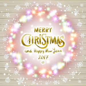 圣诞快乐新年卡设计与节日圣诞灯和彩色模糊散景元素在背景中。节日问候 web 或海报的理想选择。Eps10 矢量