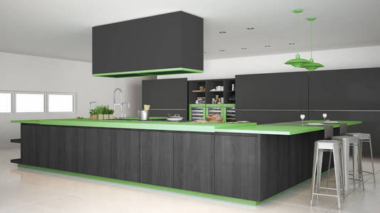 木制和绿色的细节，最小的简约灰色厨房