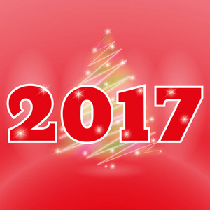 2017 年与发光圣诞树灯与背光的红色背景上。幸福的新年主题