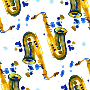 白色背景上水彩铜管乐队萨克斯管无缝模式