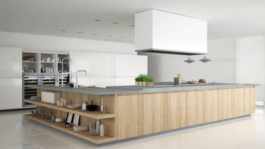 木制和灰色的细节，最小的简约白色的厨房
