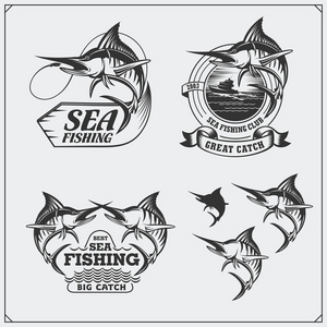 海捕鱼标签 徽章及设计元素集。马林的插图。复古风格