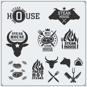 烧烤的集合。组的老式烧烤牛排标签 徽章及徽章