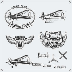 飞机俱乐部标签 标志 徽章和设计元素。矢量单色插图。复古风格