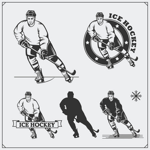 冰上曲棍球标签 标志 图标 徽章 设计元素及球员剪影一套