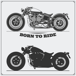 摩托车组。骑自行车的人俱乐部的象征。复古的风格。单色设计