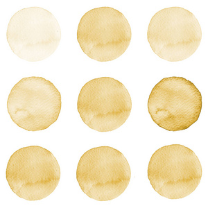 集的咖啡颜色的棕色，水彩手绘圆上白色孤立。艺术设计的插图。圆的污渍 blob