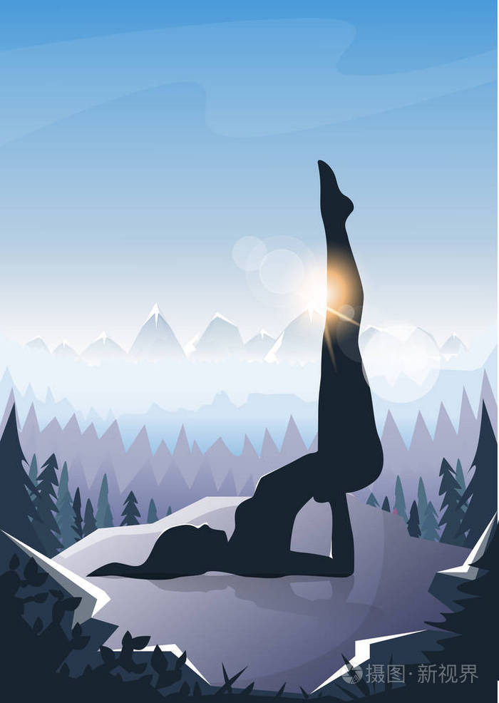 女孩瑜伽位置运动健身妇女运动锻炼剪影山风景背景