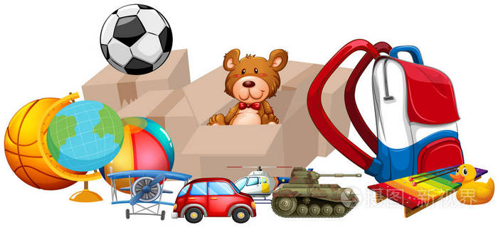 不同类型的玩具在一大堆