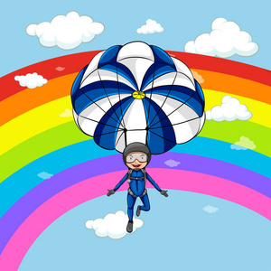 在与彩虹背景天空跳伞的人