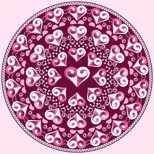 矢量情人节的圆形图案。曼陀罗与心