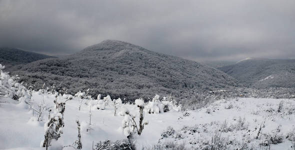 大雪覆盖的山丘冬天清晨的高加索山脚下