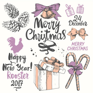 圣诞节矢量插画中的素描样式设置。目前在白色背景上。精美的礼品盒与织带 假日刻字 好玩的符号。新年快乐