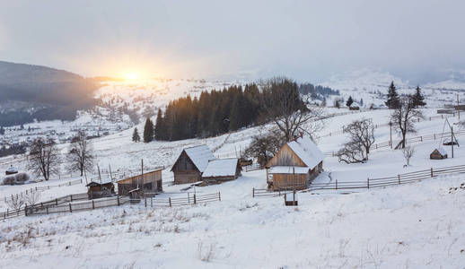 完美的冬季风光雪与木材回家