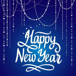 矢量上 bluebackground 假日海报为快乐新的一年。手写的题词。字体设计。插图与圣诞金属丝