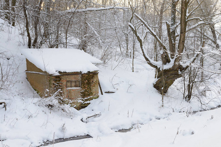 在冬天被白雪覆盖的森林里摇摇欲坠的小屋