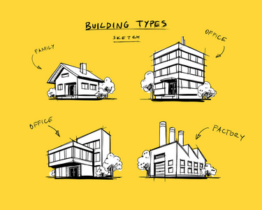 四建筑类型手绘卡通插画的一套图片