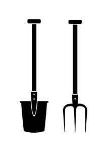 黑色的铁锹和白色背景上的干草叉