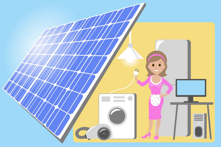 幸福的年轻女人站在中间的家用电器。家庭主妇在房子由太阳能电池板电力驱动。矢量平面设计
