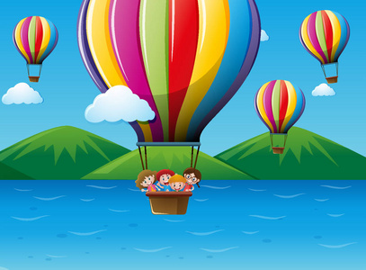 孩子们骑在天空中的彩色气球