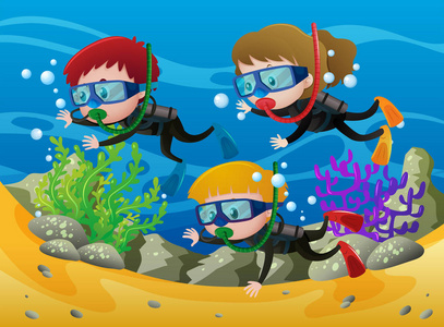 三个孩子水肺潜水海下