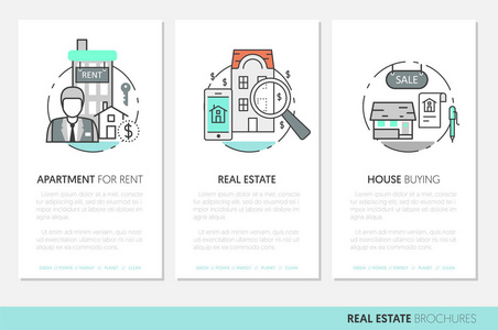 房地产业务宣传册模板与细线矢量图标