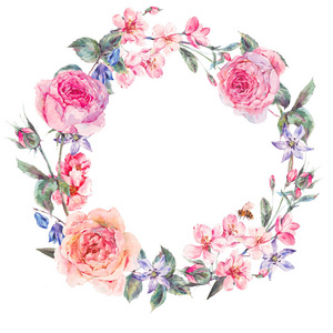 水彩画春天用粉红玫瑰圆环