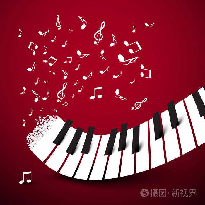 钢琴键.键盘与笔记.音乐符号.在深红色背景上的矢量图