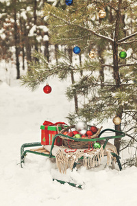 装饰圣诞树在白雪皑皑的丛林 雪橇 毛毯和