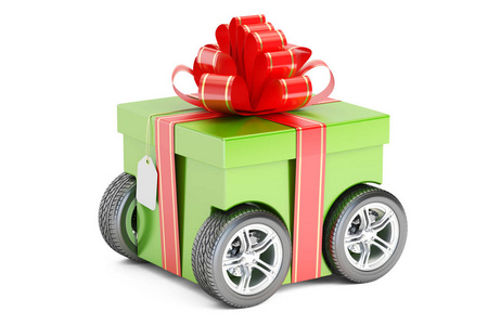 车轮，礼物传递概念上的绿色礼盒。3d 渲染