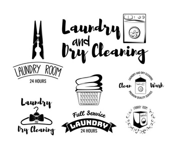 洗衣间和干洗服务，熨衣服务集的矢量黑色标志 标签 徽章及孤立在白色背景上的设计元素
