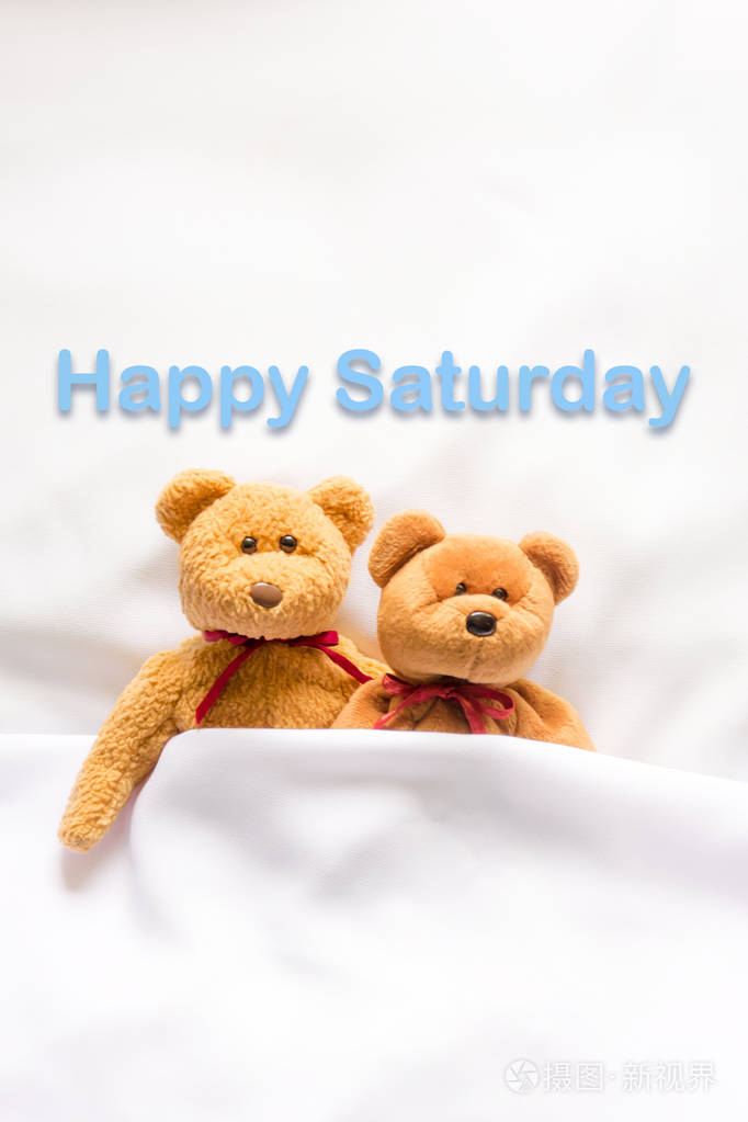 躺在白色的泰迪熊床与消息快乐星期六