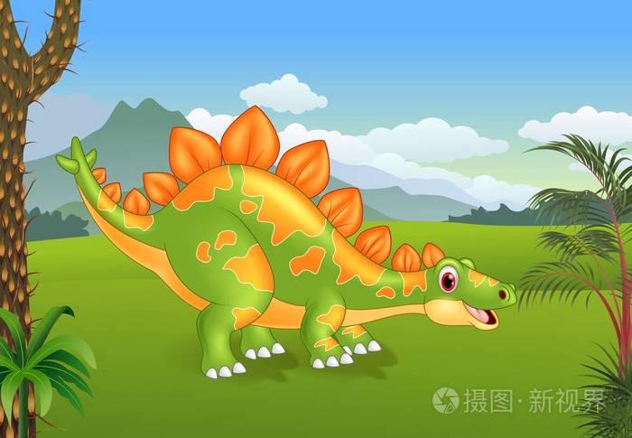 卡通可爱剑龙与史前背景合影