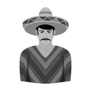 在白色背景上孤立的单色风格的草帽和雨披图标中的墨西哥人。墨西哥国家象征股票矢量图