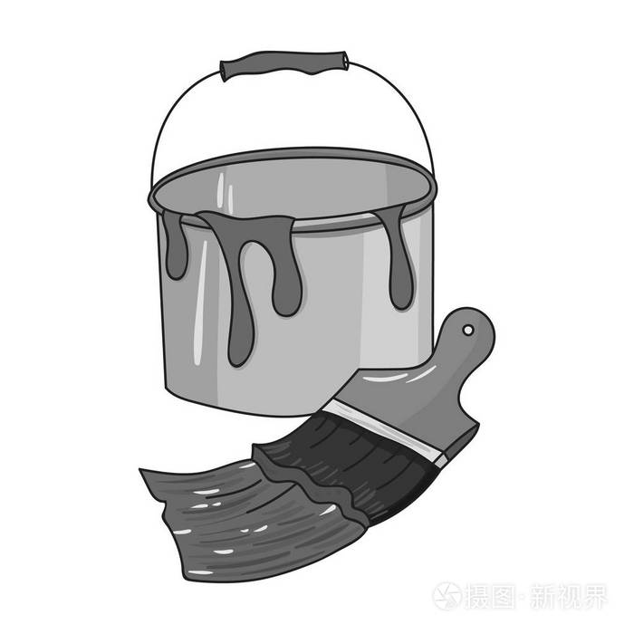 桶里的颜料和画笔图标在白色背景上孤立的单色风格艺术家和绘图符号