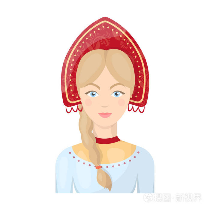 在白色背景上孤立的卡通风格的传统套装图标的俄罗斯女人俄罗斯国家